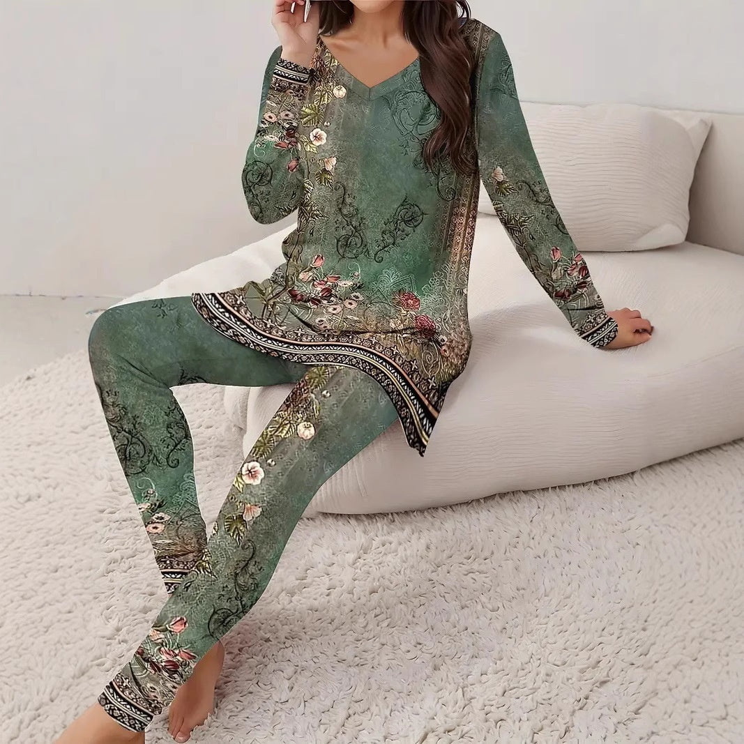 Women Vintage Fashion Floral V-neck Long Sleeve Leggings Printing Suit - D&A