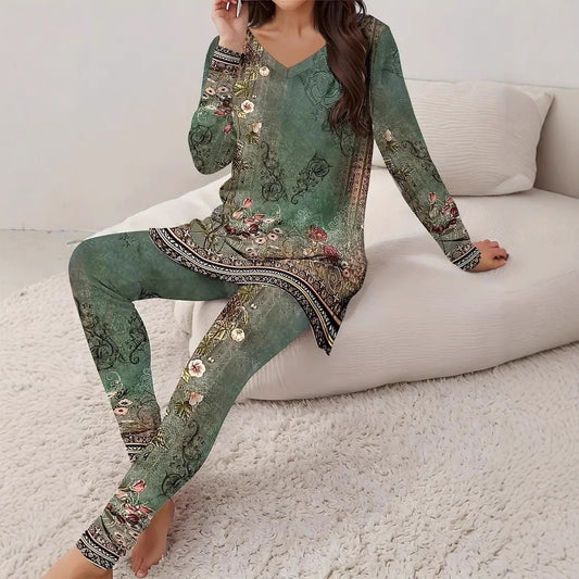 Women Vintage Fashion Floral V-neck Long Sleeve Leggings Printing Suit - D&A