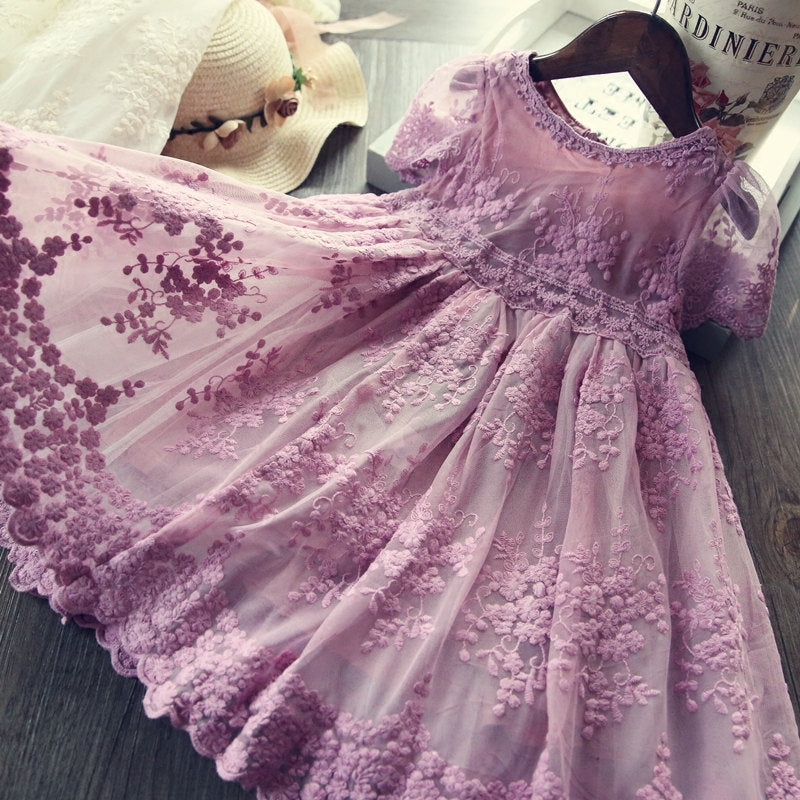 Autumn And Winter Explosions Hollow Children's Skirt Lace Long-sleeved Girls White Princess Dress Irregular Dress Purple A - D&A