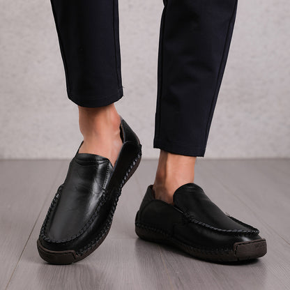 Loafers Men's Lightweight Non-slip Leather Shoes Slip-on Black - D&A