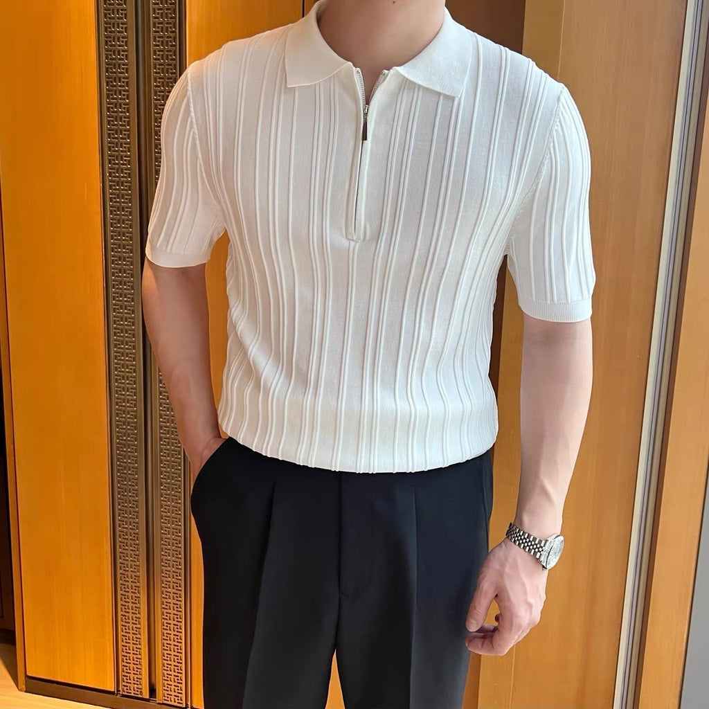 Casual Zipper Short Sleeve Men's Retro Elegant Jacquard Lapel White - D&A