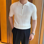 Casual Zipper Short Sleeve Men's Retro Elegant Jacquard Lapel White - D&A