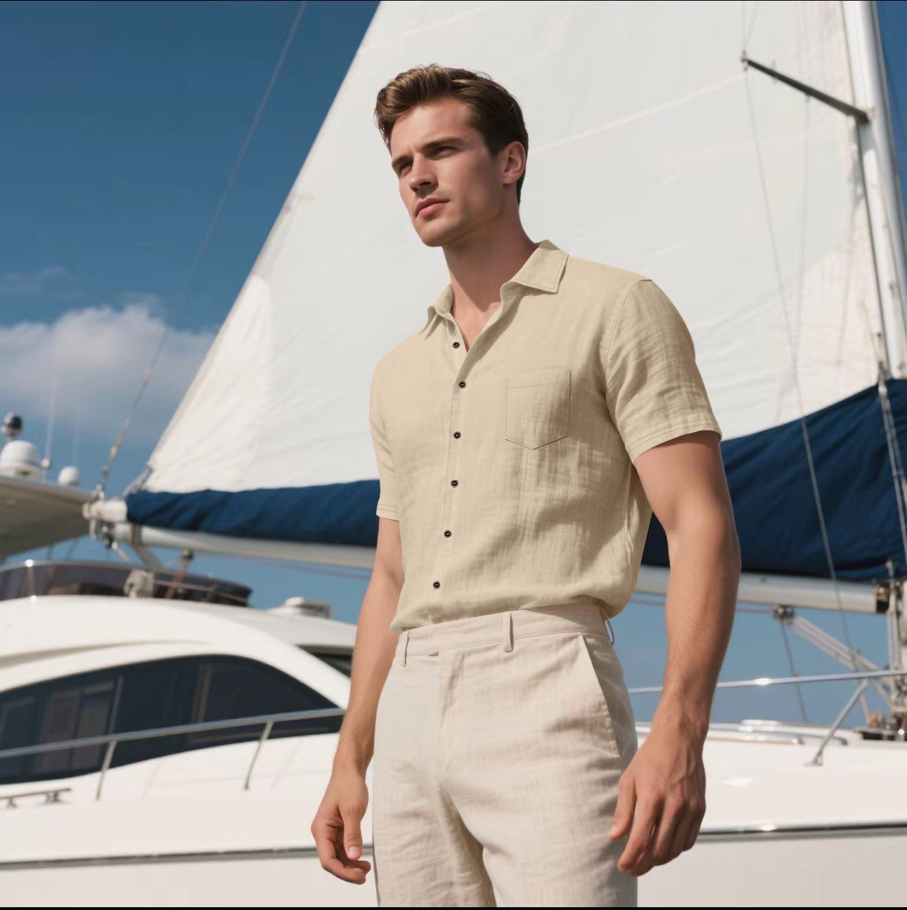 Men's Linen Short-sleeved Shirt Khaki - D&A