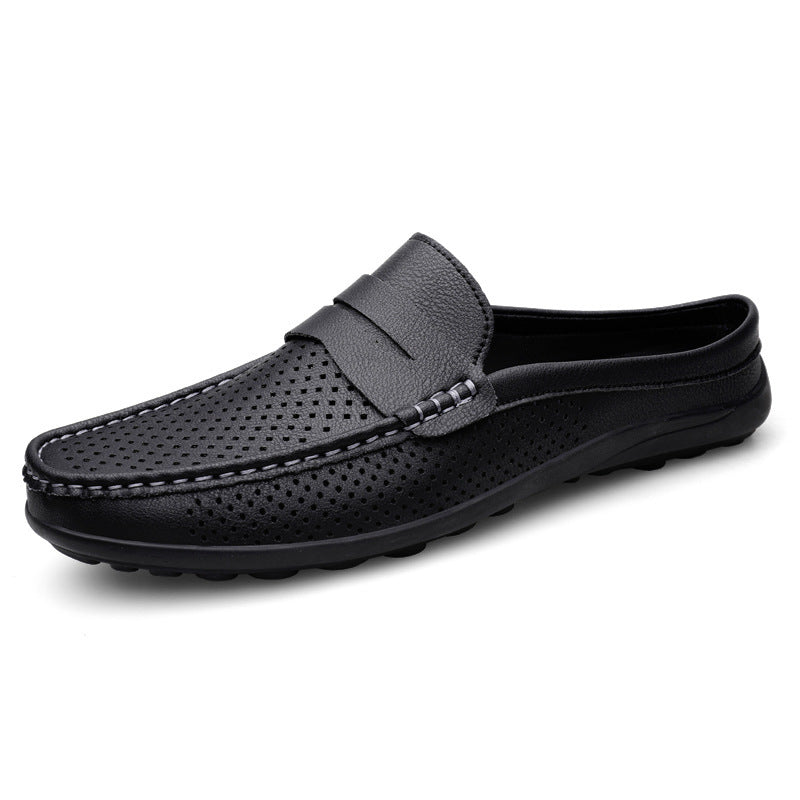 Casual Hollow Leather Shoes Breathable Half Slippers - D&A