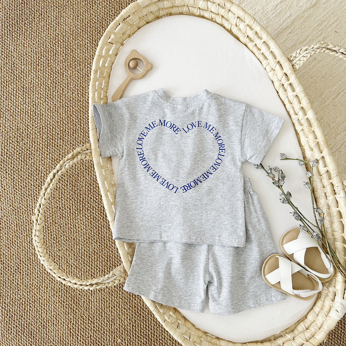 Heart Printing Short Sleeve Suit Korean Style Baby Boys' And Girls' Clothing Two-piece Set - D&A