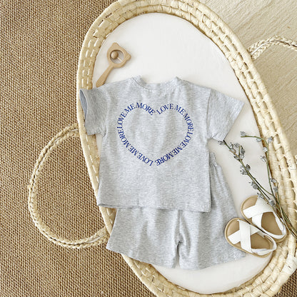 Heart Printing Short Sleeve Suit Korean Style Baby Boys' And Girls' Clothing Two-piece Set - D&A