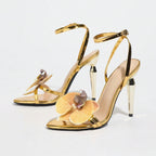 Women's Three-dimensional Floral Decorative Round Toe Stiletto Heel Sandals - D&A