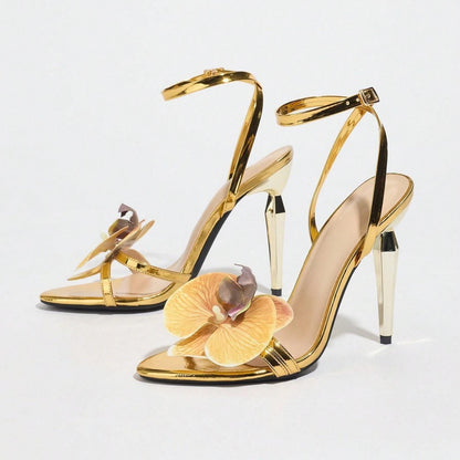 Women's Three-dimensional Floral Decorative Round Toe Stiletto Heel Sandals - D&A