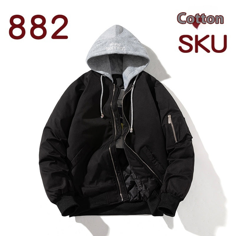 Pilot Jacket Trendy Solid Color Loose-fitting Large Size Black With Cotton Lining Hat - D&A