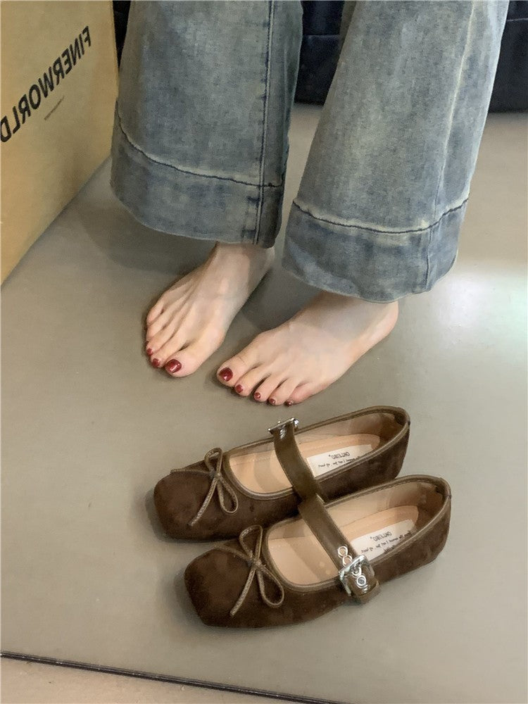 Flat Bow Ballet Silver Belt Buckle Shoes Brown - D&A