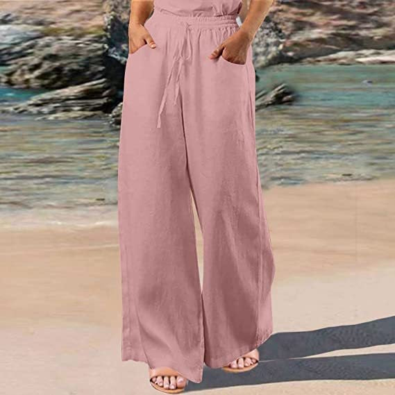 Loose Cotton And Linen Wide Leg Pants Pink - D&A