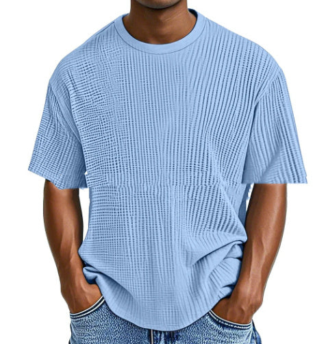 Casual Pure Color Comfort Waffle Short Sleeve Light Blue - D&A