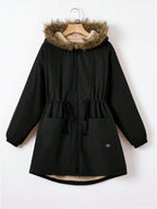 EZwear Drawstring Waist Fuzzy Trim Hooded Thermal Lined Drawstring Waist Coat - D&A