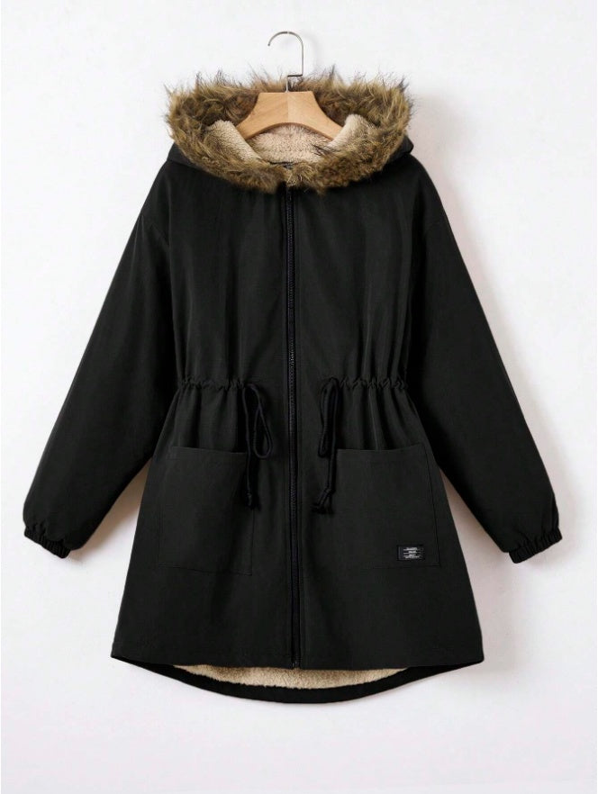 EZwear Drawstring Waist Fuzzy Trim Hooded Thermal Lined Drawstring Waist Coat - D&A