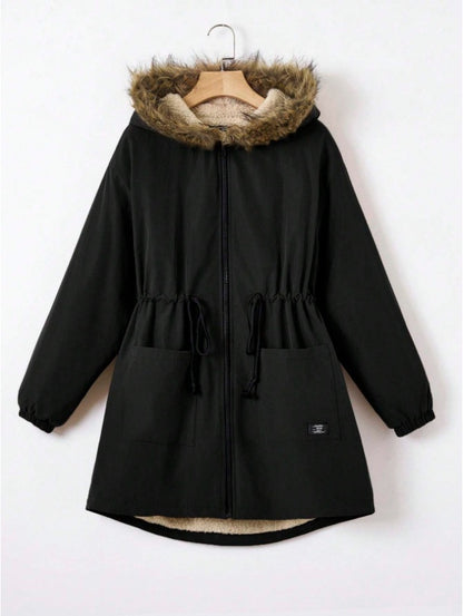 EZwear Drawstring Waist Fuzzy Trim Hooded Thermal Lined Drawstring Waist Coat - D&A