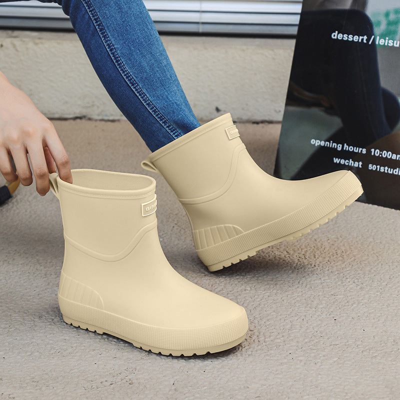 Mid-calf Women's Stylish Water Shoes Outdoor Non-slip Adult Rain Boots Beige - D&A