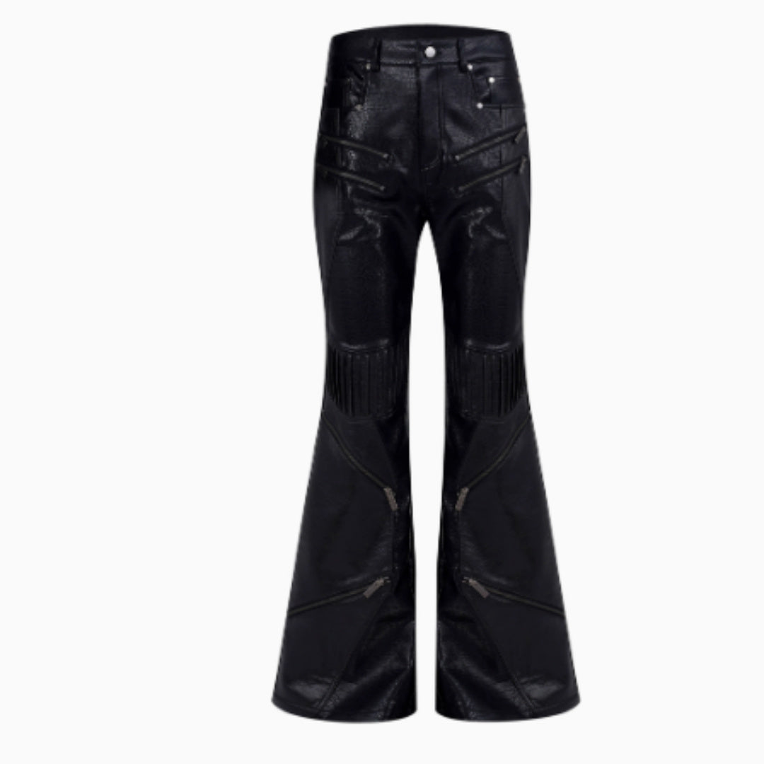 STARTEXCEEDEND Zipper Design Micro Pull Up Leather Pants For Men Autumn Black - D&A