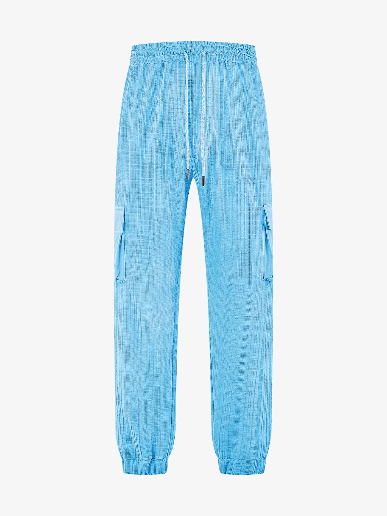 Loose Breathable Micro Elastic Lace-up Imitation Linen Plaid Men's Casual Pants Overalls Light Blue - D&A