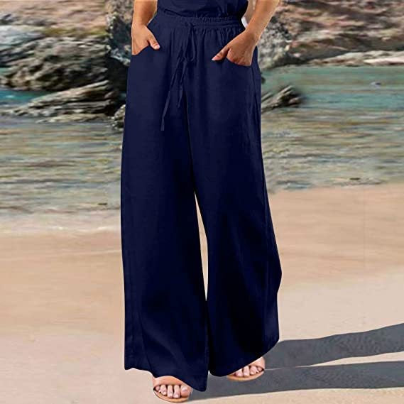 Loose Cotton And Linen Wide Leg Pants Navy Blue - D&A