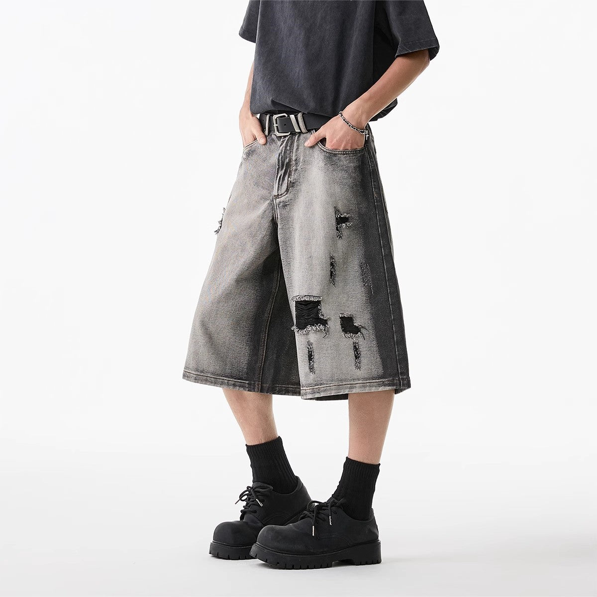 High Street Water Washed Hole Denim Shorts - D&A