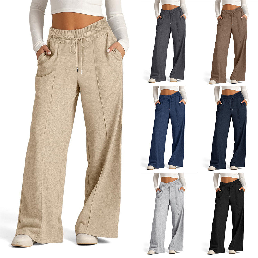 Women's Lace-up Solid Color Waist Tight Fashion Wide-leg Casual Pants - D&A