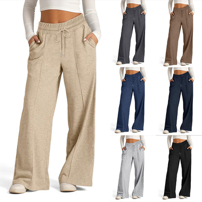Women's Lace-up Solid Color Waist Tight Fashion Wide-leg Casual Pants - D&A