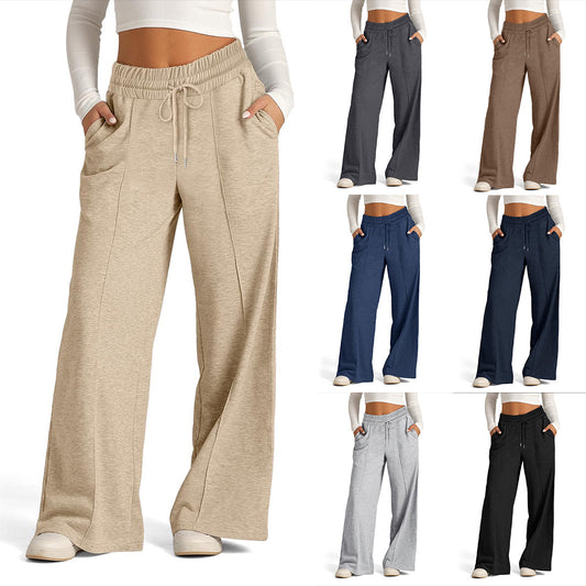 Women's Lace-up Solid Color Waist Tight Fashion Wide-leg Casual Pants - D&A