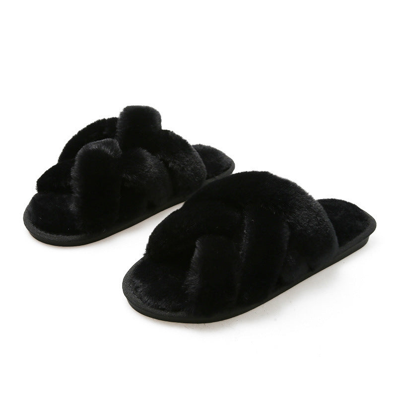 Open Toe Fluffy Slippers Women's Artificial Fur Couple Plush Black - D&A