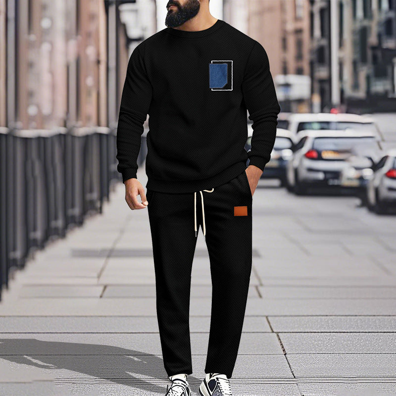 Men's Sport Suit Color Matching Sweater Two-piece Casual Fashion Black - D&A