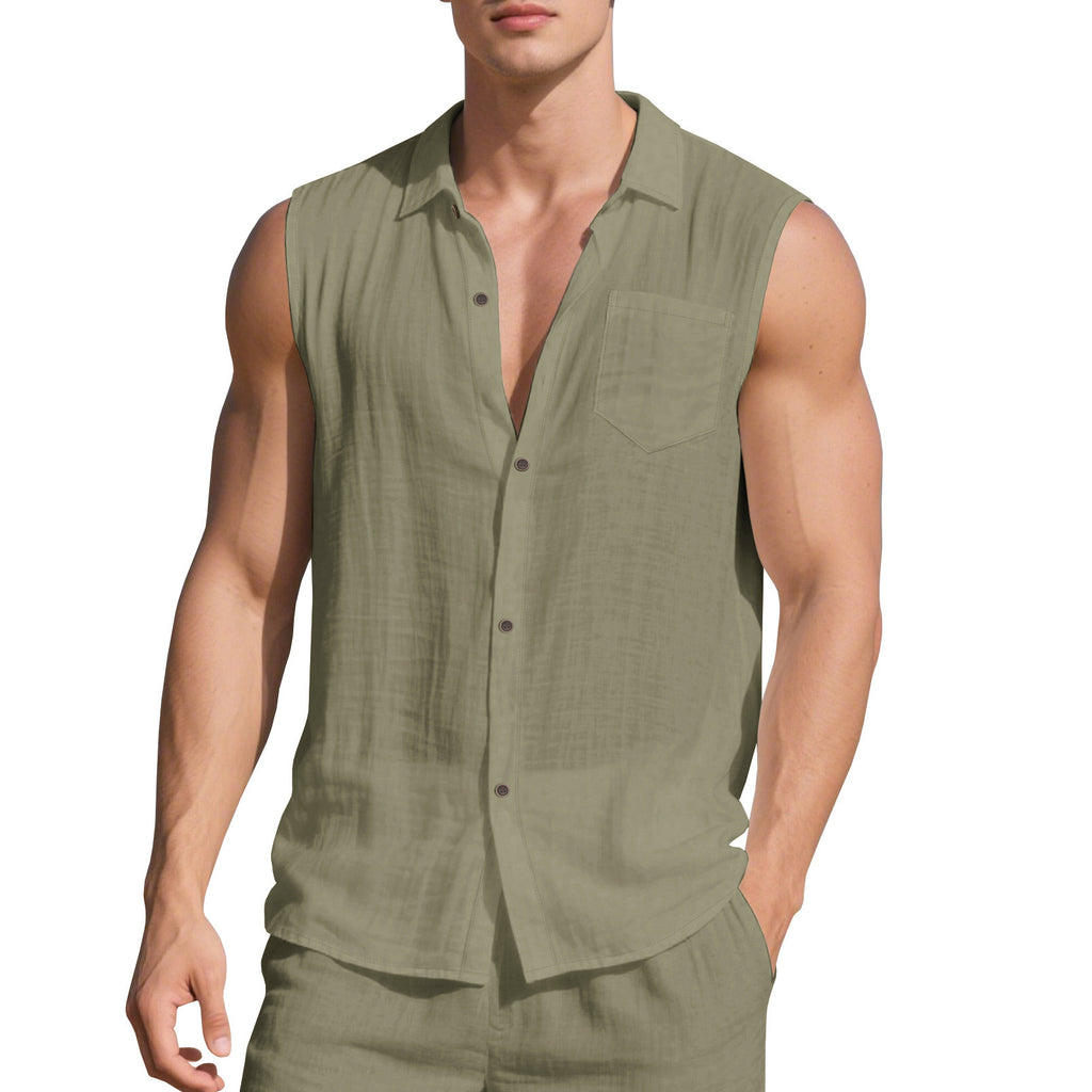 Sleeveless Linen Polo Collar Solid Color Cardigan Beach Shirt Vest - D&A