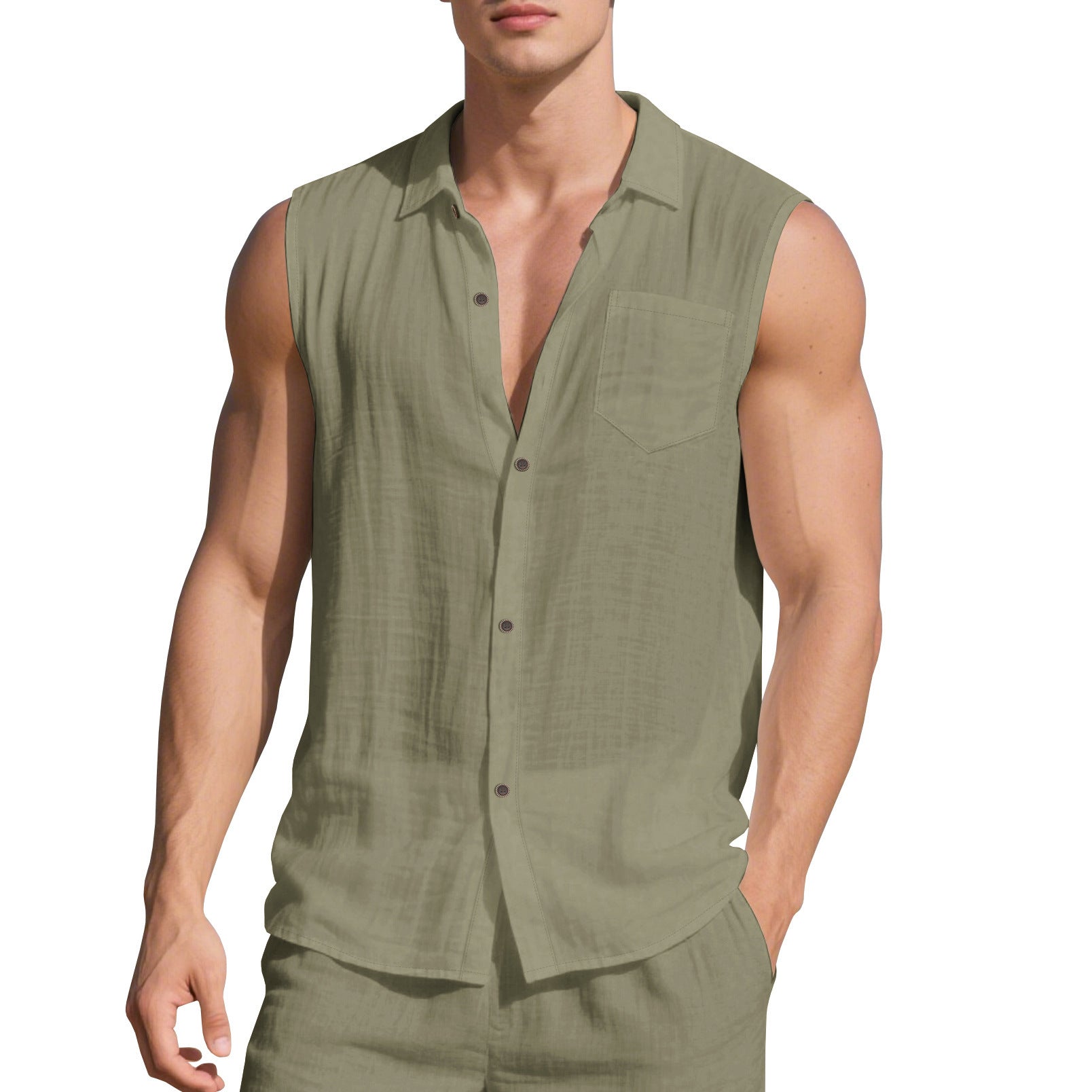 Sleeveless Linen Polo Collar Solid Color Cardigan Beach Shirt Vest - D&A