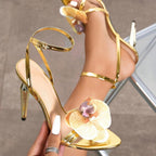 Women's Three-dimensional Floral Decorative Round Toe Stiletto Heel Sandals Gold - D&A