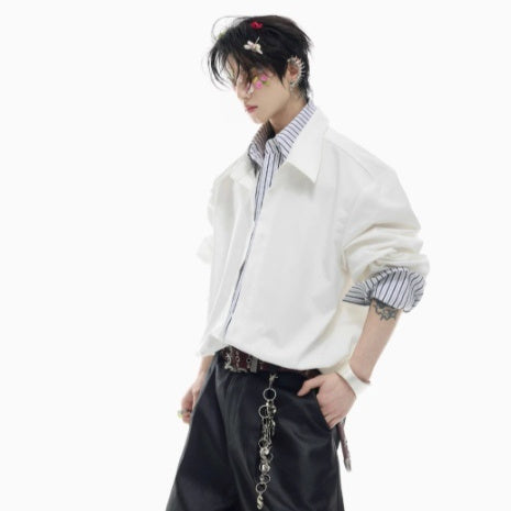 Male Niche Striped Contrasting Patchwork Shirt Top - D&A