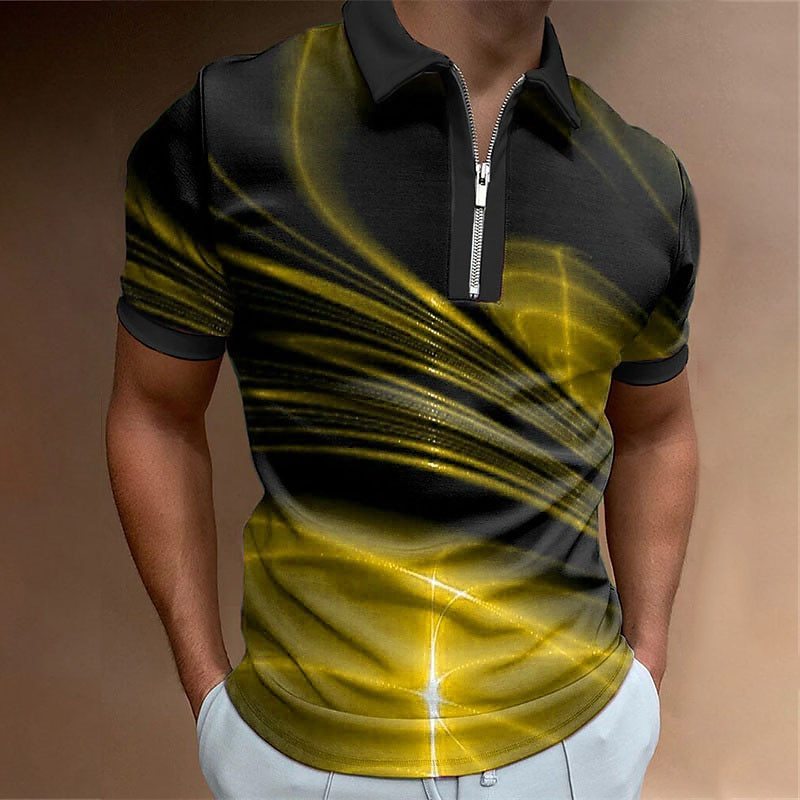 Men's Lapel Short Sleeve Zipper Polo Shirt Printing Yellow - D&A