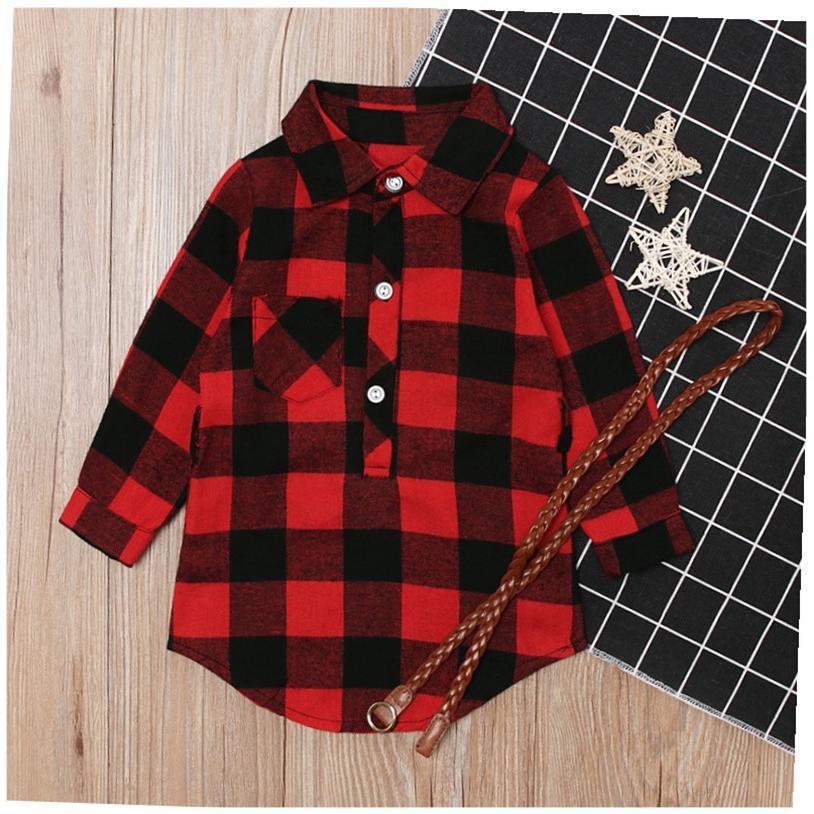 Fashion Girls Long Red Plaid Dress With Belt Red black - D&A