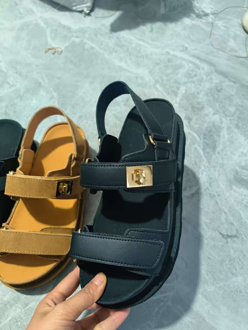 Plus Size Platform Sandals Suede Velcro Outdoor Roman Sandals Women's Shoes Black - D&A